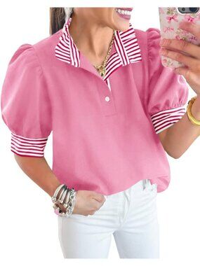 Women's Summer Puff Sleeve Blouse Pink Ruffle V Neck Tops Color Block Striped